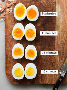 hard boiled eggs on a cutting board with instructions for how to cut them in half