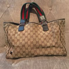 Authentic Gucci Has Been Worn With Love. Tote Bag, Travel Bag, Diaper Bag! Versatile And Functional. In Signature Gucci Print. Comes With Gucci Dust Bag As Well Gucci House, Gucci Handbags Outlet, Gucci Print, Tan Leather Tote, Gucci Tote Bag, Bags Gucci, Monogram Tote Bags, Gucci Tote, Blue Tote