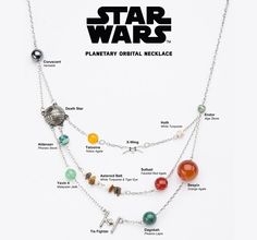 a star wars necklace with charms on it and the words, planetary orbital necklace below