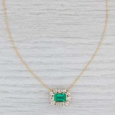 This gorgeous necklace has an antique pendant set with a brilliant green emerald framed by a halo of sparkling diamonds. The eye catching pendant sits on a new cable chain necklace compose of solid 18k yellow gold. The chain secures with an easy to use lobster clasp. This piece comes with a GIA certificate for the emerald. We believe the antique pendant may be an old ring conversion with the emerald and diamonds being original to the mounting. Gemstone Information: - Natural Emerald - Carats - 2 Antique Pendant Set, Mens Custom Jewelry, Emerald And Diamond Necklace, Gia Certificate, Old Rings, Cable Chain Necklace, Antique Pendant, Silver Flatware, Halo Pendant