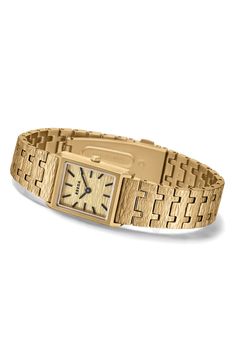 A smooth rectangular case with beveled edges complements the textured dial and link bracelet of this vintage-inspired watch. 20mm case; 16mm case depth Deployant clasp closure Quartz movement Mineral crystal face Stainless steel or stainless steel with 18k-gold plate Imported Timeless Gold Rectangular Watch Accessories, Gold Timeless Rectangular Watch Accessories, Timeless Rectangular Gold Watch Accessories, Gold Rectangular Watch With Polished Finish, Timeless Gold Watch Accessories With Rectangular Dial, Gold Watches With Bracelet Strap And Rectangular Dial, Gold Rectangular Watches With Polished Finish, Gold Watches With Rectangular Links, Classic Gold Watch Accessories With Solid Link