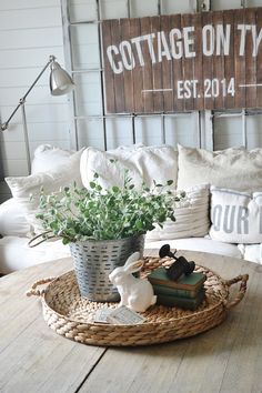 a living room with a couch, coffee table and potted plant on top of a wicker tray