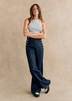 Marino Trousers - Denim - 0rganic cotton - textile made from organic fibers - Sézane Sailor Pants Outfit, Marlene Hose, Sailor Pants, Cotton Textile, Satin Blouse, Knitwear Tops, Mode Inspiration, Polished Look, Parisian Style