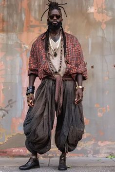 Discover 21 Stylish Bohemian Outfits for Men in 2024: From Casual to Formal Looks, Beach Vibes to Party Attire - GentsOsprey Harem Pants Men Outfit, Afro Punk Men, Spiritual Fashion Men, Solar Punk Fashion Men, Men’s Fashion Boho, Spiritual Men Aesthetic, Men Punk Outfits, Afro Punk Fashion Men, Maximalist Fashion Men