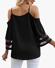 Stay on-trend this summer with our beautiful Cold Shoulder Blouse, featuring 3/4 bell sleeves with sheer detail. It's the perfect choice for pairing with white jeans on vacation or for a stylish Saturday night out. This blouse also includes adjustable straps for a customizable fit. Crafted from 100% polyester, it offers both style and ease of care. Elevate your summer wardrobe with this chic and versatile top. Cold Shoulder Blouse, Saturday Night, Summer Wardrobe, White Jeans, Cold Shoulder, Bell Sleeves, Night Out, Adjustable Straps, Wardrobe