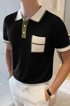 Men's Color Block Short Sleeve Button Up Lapel T-Shirt With Chest Pocket, Suit For Summer Daily Black Short Sleeve Polo Shirt With Pockets, Black Cotton Polo Shirt With Pockets, Casual Black Polo Shirt With Pockets, Suit For Summer, Short Sleeve Button Up, Short Sleeve Button, Chest Pocket, Color Block, Mens T