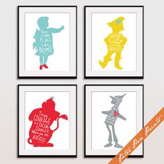 four children's art prints in different colors and sizes, with the words home is where