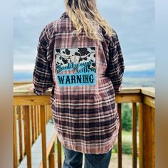 Custom Made And One Of A Kind Bleached Flannel. Long Sleeve, Button Up With Should’ve Come With A Warning Print On The Back. 60% Cotton 40% Polyester. Size Large Men’s Cut. Measures 24” Underarm To Underarm And 31” In Length. All Flannels Are Freshly Laundered, Pressed And Pre Shrunk. Created In A Smoke And Pet Free Environment. Kids Denim Shirt, Fall Apparel, High Low Blouse, Morgan Wallen, Vintage Flannel