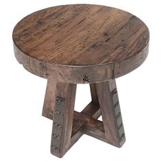 an old wooden stool with metal straps on the bottom and footrests, against a white background