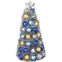 a silver and blue christmas tree with ornaments on it's top, against a white background