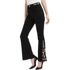 Elevate your denim game with the Anna-Kaci Women's Floral Daisy Embroidered Mid Rise Bell Bottom Jeans, featuring charming daisy floral embroidery throughout. Embodying the retro era's signature denim bottoms with a cute flare, these jeans combine vintage style with modern premium cotton materials, making them your go-to piece for any occasion. Trendy Floral Embroidered Fitted Jeans, Trendy Fitted Jeans With Floral Embroidery, Trendy Floral Embroidered Bottoms For Fall, Trendy Embroidered Mid-rise Jeans, Spring Cotton Jeans With Floral Embroidery, Spring Embroidered Cotton Jeans, Fitted Embroidered Cotton Jeans, Embroidered Fitted Cotton Jeans, Trendy Embroidered Fall Jeans