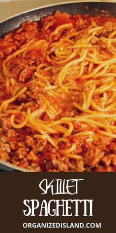 spaghetti is being cooked in a skillet on the stove with text overlay that reads grille spaghetti