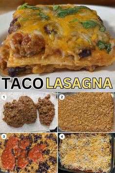 Taco Lasagna layered with seasoned beef, cheese, black beans, and salsa, topped with melted cheese and fresh cilantro. Step-by-step images show the layering process. Text overlay reads "Taco Lasagna." Easy Taco Lasagna, Taco Fixings, Taco Lasagna Recipe, Mild Taco Seasoning, Italian Casserole, Taco Lasagna, Baked Lasagna, Easy Taco, Potluck Dishes