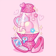 a pink phone and some shoes on a pink background with hearts, stars and sparkles