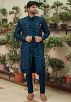 Unique Mens Wedding Suits, Engagement Dress For Men, Blue Sherwani, Indian Wedding Clothes For Men, Mens Wedding Suits, Sherwani For Men Wedding, Wedding Kurta For Men, Groom Dress Men, Wedding Dresses Men Indian