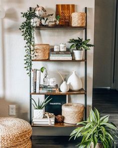 a shelf filled with plants and books on top of a wooden floor next to a potted plant