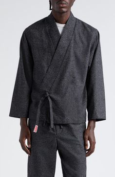 "Find KENZO Houndstooth Collarless Jacket on Editorialist. At the crossroads of Japanese traditions and the modern era, this wool-kissed jacket is fastened and fixed with kimono details. 25\" length (size Small) Front tie closure Collarless Partially lined 35% cotton, 33% wool, 20% polyamide, 6% acrylic, 6% polyester Dry clean Imported Designer Clothing" Wabi Sabi Mens Fashion, Kimono Modern Fashion, Modern Kimono Men, Japanese Suit Men, Shirt Details Men's, Japanese Inspired Clothing, Modern Kimono Fashion, Japanese Suit, Outfits For Big Men