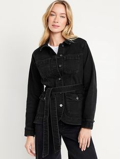 Jean Utility Jacket | Old Navy Unique Quilt Pattern, Denim Belt, Stitch Lines, Belted Jacket, Black Denim Jacket, Perfect Jeans, Sleeve Jacket, Old Navy Women, Full Sleeves