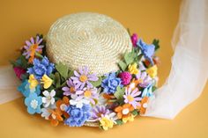 Straw Floral Vintage Boater Hat| Felt Floral Hat|Boater Hat|Derby Hat|Picnic Floral Hat. Exquisite! Boater straw hat adorned with Wool Felt Flowers. Small Brim, Light, easy to wear. Flowers are my thing but i love when clients reach to me for. customs. I've been getting more and more involved with millinery techniques and Im so happy with the result. Flowers are made in colors that can go easily with any season, mostly wild flowers were the ones that inspired me to create this beautiful piece. T Spring Fedora Felt Hat, Spring Brimmed Felt Hat, Spring Wool Felt Hat, Spring Fitted Wool Felt Hat, Spring Felt Brimmed Hats, Spring Curved Brim Felt Hat, Spring Wide Brim Felt Hat, Brimmed Felt Hat For Parties, Brimmed Wool Felt Hat For Spring