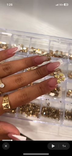 Simple Nail Sets Acrylic, French And Gold Nail Designs, Nail Designs With Gold Charms, Gold And French Tip Nails, Gold Nail Set Short, Nail Inspo Gold And White, Nails With Gold Gems, Nail Ideas Charms, Nail Inspo Square Long