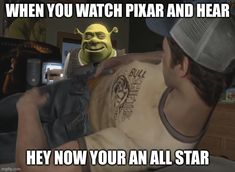 a man laying on top of a bed next to an animated character with caption that reads, when you watch pixar and hear he's now your all star