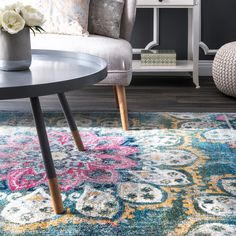 a living room area with a couch, coffee table and rug