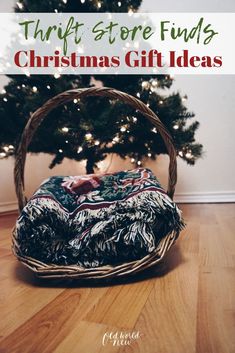 a dog bed under a christmas tree with the words thrift store finds christmas gift ideas