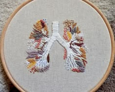 a cross stitched design with leaves on it in the shape of a human lungs