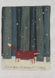 a drawing of a red fox in the woods with snow on it's ground