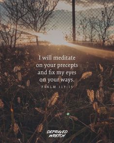 the sun shining through some trees and grass with a bible verse on it that reads i will meditate on your precepts and fix my eyes on your ways