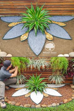 a man sitting on a bench next to a flower bed and planter in the middle