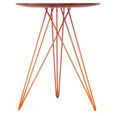 an orange table with metal legs and a wooden top on a white background in the style of scissor art