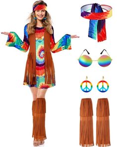 a woman is dressed in hippie clothing and accessories for the costume design contest, including sunglasses, headbands, tie - dyed with peace sign