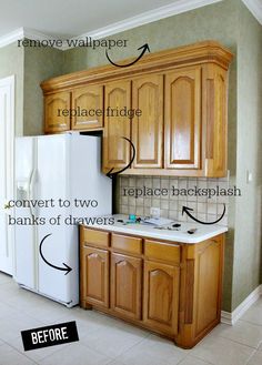 the kitchen cabinets are labeled before and after remodeling