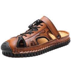 Color: Black,Brown Closure Type: Slip-On Feature: Toe-Protected,Slip Resistant,Two-ways Size: US 10.5,US 8,US 9,US 10,US 11,US 12,US 11.5,US 7.5,US 8.5,US 6.5 Shoes Type: Outdoor Sandals,Beach Sandals Toe Type: Closed Toe Upper Material: Cowhide Outsole Material: Rubber Brown Leather Outdoor Sandals, Brown Leather Sole Sandals For Outdoor, Long Sleeve Vintage Dress, Long Sleeve Vintage Dresses, Mens Sandals Beach, Water Sandals, Outdoor Sandals, Men's Sandals, Mens Fashion Summer