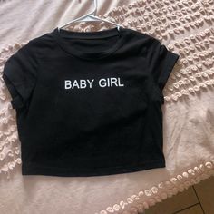 Brand New Barely Warn Cute Black Tops With Letter Print, Cute Black Tops With Text Print, Cute Black Top For Streetwear, Cute Black Tops For Streetwear, Cute Black Tops With Graphic Print, Cute Black Short Sleeve Tops, Cute Black T-shirt For Spring, Cute Black Crop Top With Letter Print, Cute Black Crop Top With Text Print