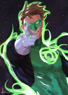 the green lantern is pointing his finger to the side with stars in the sky behind him