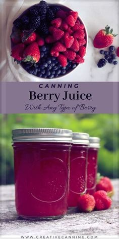 two jars filled with berries and blueberries next to some strawberries on the table