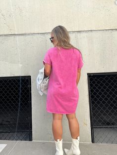 100% COTTON OVERSIZED T-SHIRT SHIFT DRESS MODEL IS WEARING SMALL COLOR: MAGENTA RUNS LARGE LENGTH 34" MODEL MEASUREMENTS: WEIGHT 150 LBS, 5’2”, SIZE 6, BUST 35”, WAIST 28”, HIPS 37”, BRA SIZE 34D Casual V-neck Mini Dress For Loungewear, Casual Cotton T-shirt Dress With Relaxed Fit, Relaxed Fit Crew Neck T-shirt Dress For Spring, Casual Cotton Short Sleeve Dresses, Casual Short Sleeve Dresses For Daywear, Casual Short Sleeve Cotton Dresses, Casual Short Sleeve Shift Top, Casual Knee-length Mini Dress With Relaxed Fit, Casual Summer T-shirt Dress With Crew Neck