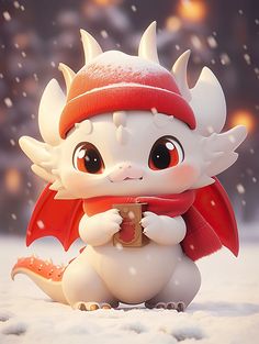 a small white dragon figurine sitting in the snow