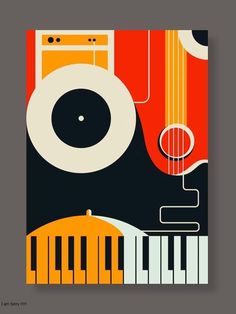 an abstract poster with musical instruments and music notes in orange, black, and white