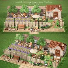 two pictures of a small town with lots of houses and gardens on it's sides