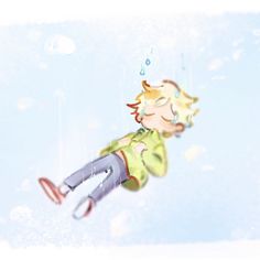 a young boy flying through the air with an umbrella in his hand and rain falling down on him