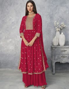 Pink Sharara style Salwar Kameez Faux Georgette Salwar Kameez in Embroidered, Sequins & Lace Work:Arabic Attire #buysalwars #latestshalwarsuits #shalwarkameezwoman #turkishshalwar #sutsalwar #salwaroutfit #ordersalwarkameezonline #shalwarkameezdresses #salwarkhameez #muslimwomensuit #wheretobuysalwarkameezonline #salwarkamez #newsalwarsuits#latestsalwarsuits #indiansalwarsuits Pink Sharara, Dupatta Dress, Palazzo Suit, Indian Party Wear, Salwar Kamiz, Pakistani Salwar Kameez, Sharara Set, Salwar Kameez Designs, Pakistani Designers