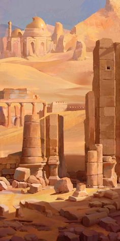 a painting of ancient ruins in the desert