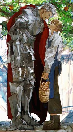 two people standing next to each other in front of a tree with an armor on it