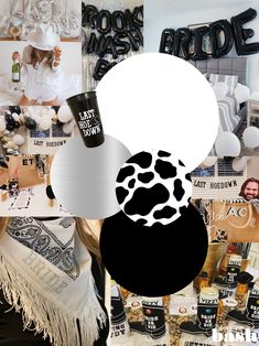 a collage of photos with black and white items in the background, including a coffee cup