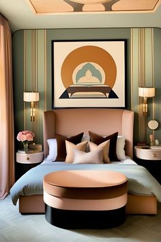 a bedroom with a round bed and art on the wall above it's headboard