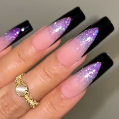 holo-diamond-glitter-ombre-french-press-on-nails Purple Bling Nail Designs, Purple And Black French Tip Nails, Nails Design With Charms, Black Purple Ombre Nails, Black And Purple Ombre Acrylic Nails, Purple And Red Nails, Black To Purple Ombre Nails, Nails Ombre French, Dark Purple And Black Ombre Nails