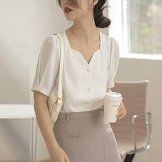 Welcome To Kukombo Official Store! White V-neck Blouse With Buttons, White V-neck Office Blouse, White V-neck Blouse For Office, White V-neck Blouse For Office Wear, White V-neck Blouse With Button Closure, White Top Women, Tops Short Sleeve, Summer Blouse, Summer Blouses